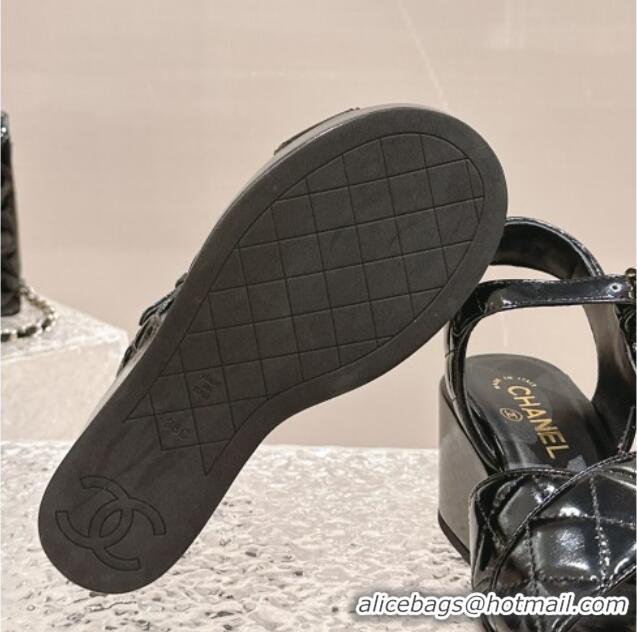 Low Cost Chanel Shiny Calfskin Wedge Sandals with Crystal CC G39918 Black 323014