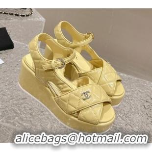 Luxurious Chanel Shiny Calfskin Wedge Sandals with Crystal CC G39918 Yellow 0323015