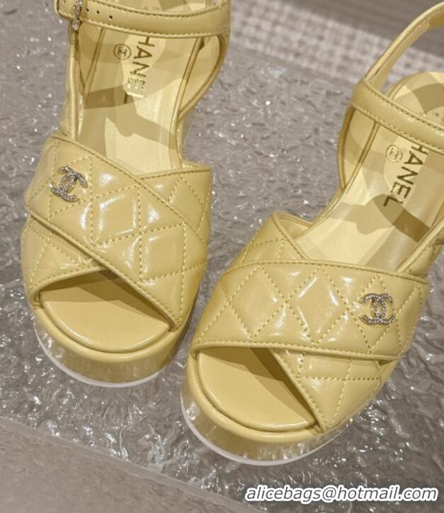 Luxurious Chanel Shiny Calfskin Wedge Sandals with Crystal CC G39918 Yellow 0323015