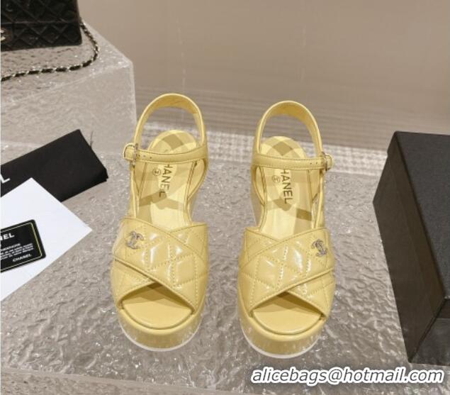 Luxurious Chanel Shiny Calfskin Wedge Sandals with Crystal CC G39918 Yellow 0323015