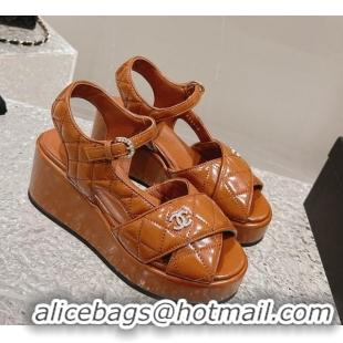 Popular Style Chanel Shiny Calfskin Wedge Sandals with Crystal CC G39918 Brown 323016