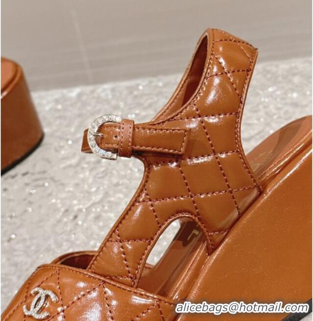 Popular Style Chanel Shiny Calfskin Wedge Sandals with Crystal CC G39918 Brown 323016