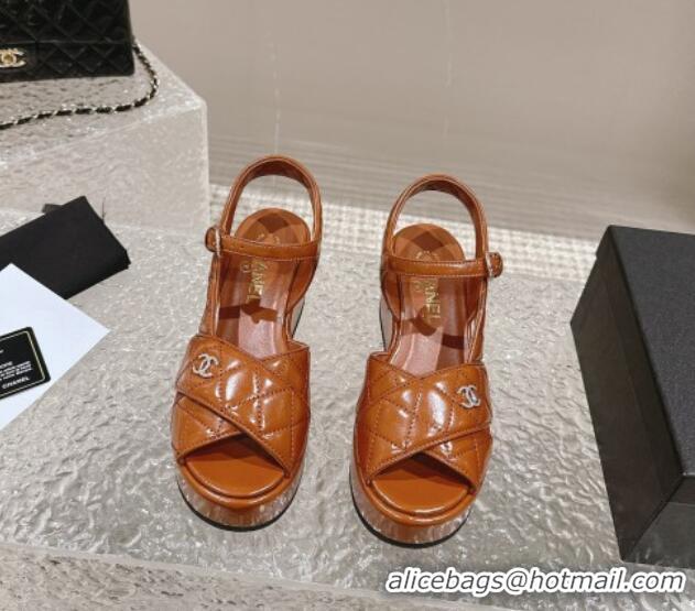 Popular Style Chanel Shiny Calfskin Wedge Sandals with Crystal CC G39918 Brown 323016