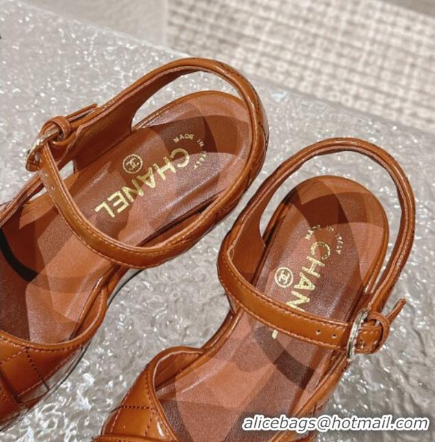 Popular Style Chanel Shiny Calfskin Wedge Sandals with Crystal CC G39918 Brown 323016