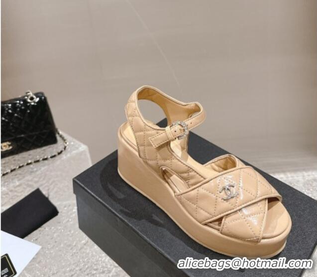 Good Product Chanel Shiny Calfskin Wedge Sandals with Crystal CC G39918 Beige 323017