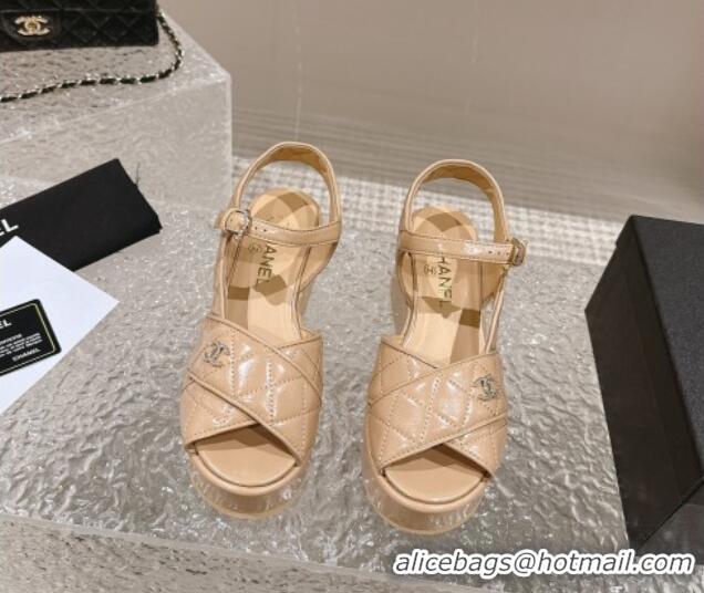 Good Product Chanel Shiny Calfskin Wedge Sandals with Crystal CC G39918 Beige 323017