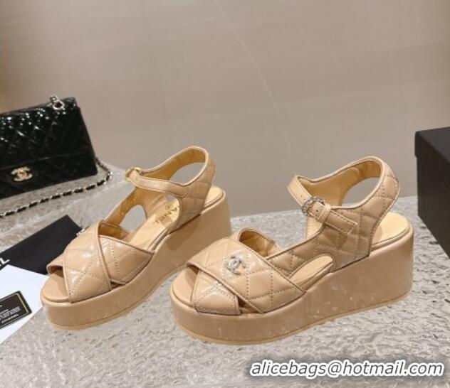 Good Product Chanel Shiny Calfskin Wedge Sandals with Crystal CC G39918 Beige 323017