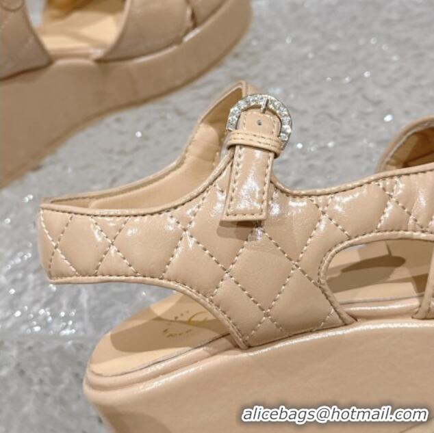 Good Product Chanel Shiny Calfskin Wedge Sandals with Crystal CC G39918 Beige 323017