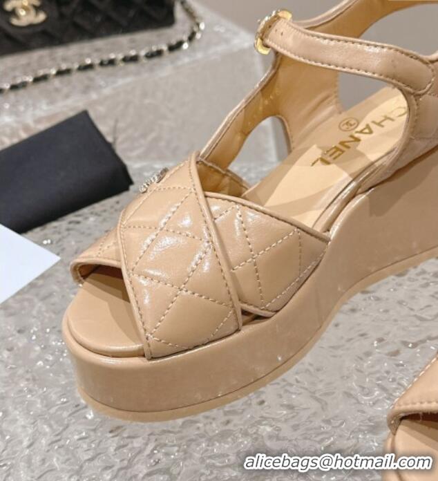 Good Product Chanel Shiny Calfskin Wedge Sandals with Crystal CC G39918 Beige 323017