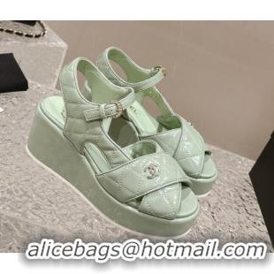 Good Quality Chanel Shiny Calfskin Wedge Sandals with Crystal CC G39918 Green 323018