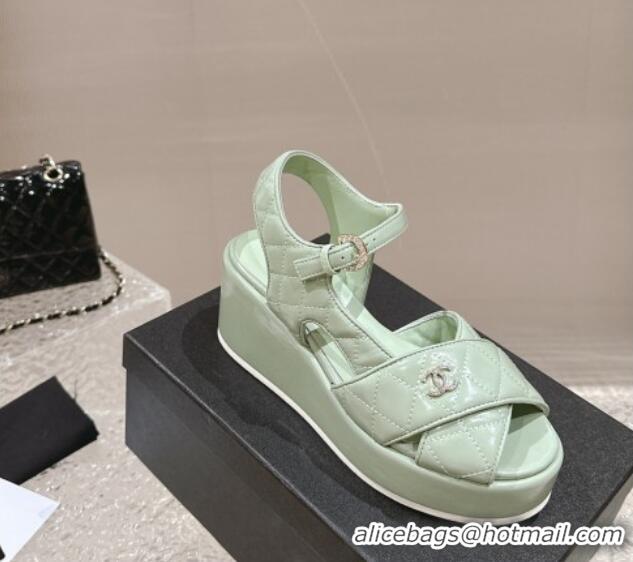 Good Quality Chanel Shiny Calfskin Wedge Sandals with Crystal CC G39918 Green 323018