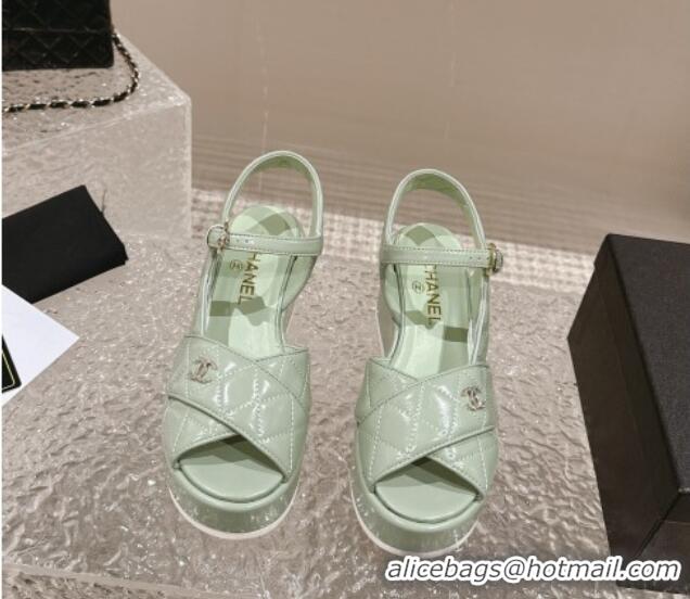 Good Quality Chanel Shiny Calfskin Wedge Sandals with Crystal CC G39918 Green 323018