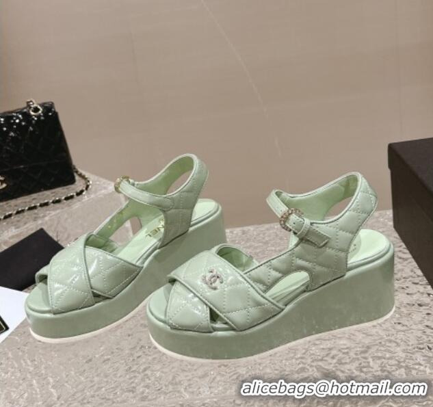 Good Quality Chanel Shiny Calfskin Wedge Sandals with Crystal CC G39918 Green 323018