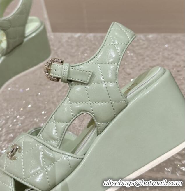 Good Quality Chanel Shiny Calfskin Wedge Sandals with Crystal CC G39918 Green 323018