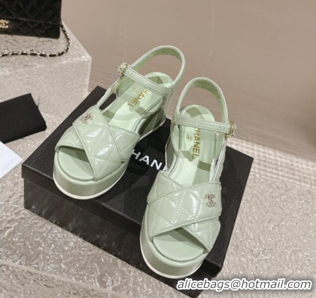 Good Quality Chanel Shiny Calfskin Wedge Sandals with Crystal CC G39918 Green 323018