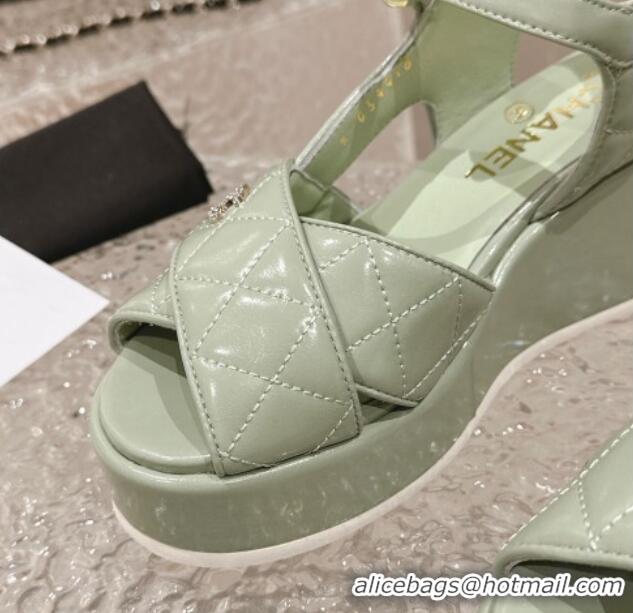 Good Quality Chanel Shiny Calfskin Wedge Sandals with Crystal CC G39918 Green 323018