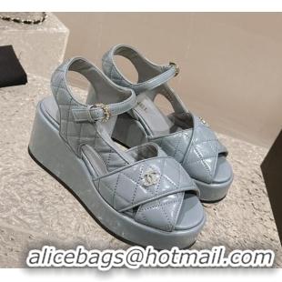 Durable Chanel Shiny Calfskin Wedge Sandals with Crystal CC G39918 Grey 323019