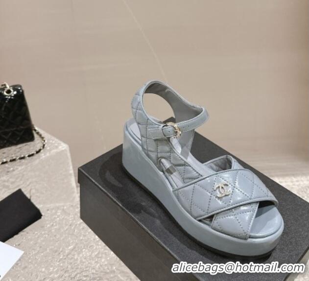 Durable Chanel Shiny Calfskin Wedge Sandals with Crystal CC G39918 Grey 323019