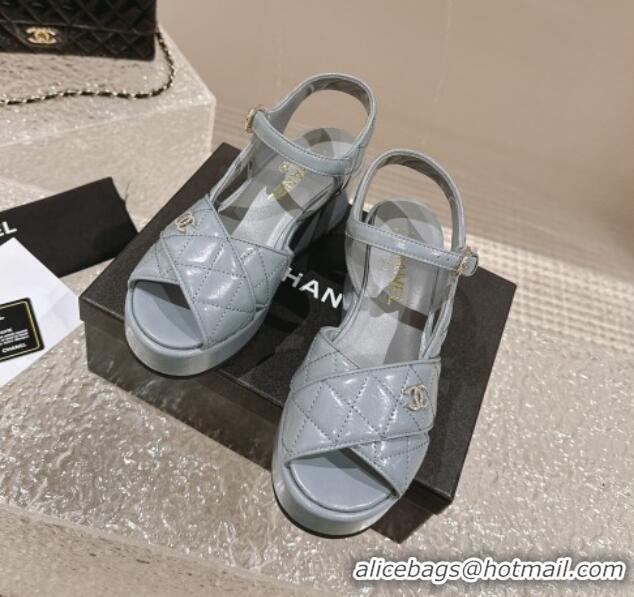 Durable Chanel Shiny Calfskin Wedge Sandals with Crystal CC G39918 Grey 323019