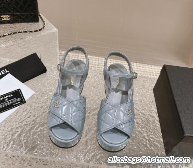 Durable Chanel Shiny Calfskin Wedge Sandals with Crystal CC G39918 Grey 323019