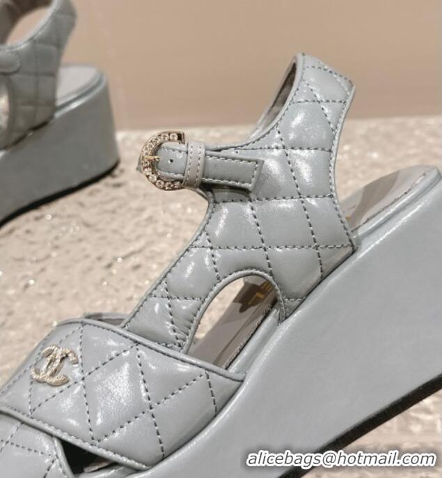 Durable Chanel Shiny Calfskin Wedge Sandals with Crystal CC G39918 Grey 323019