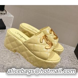 Good Looking Chanel Shiny Calfskin Wedge Slide Sandals with Metal-Tone Maxi-CC Yellow 323020