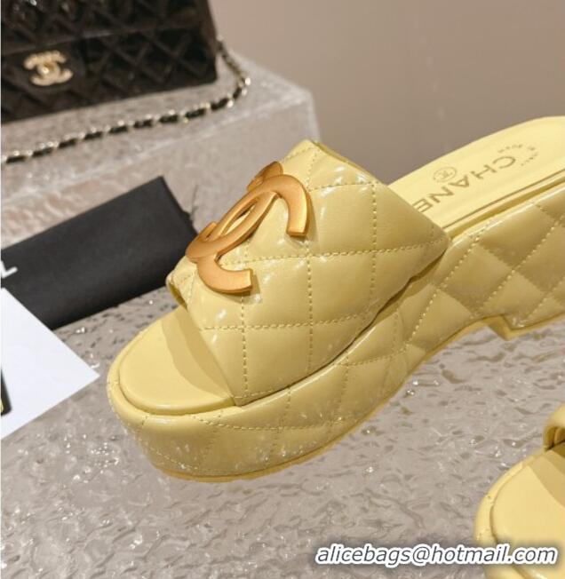 Good Looking Chanel Shiny Calfskin Wedge Slide Sandals with Metal-Tone Maxi-CC Yellow 323020