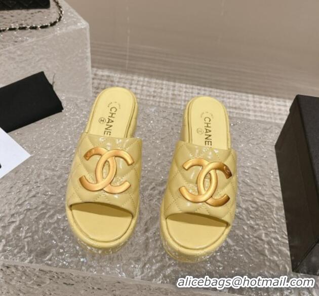 Good Looking Chanel Shiny Calfskin Wedge Slide Sandals with Metal-Tone Maxi-CC Yellow 323020