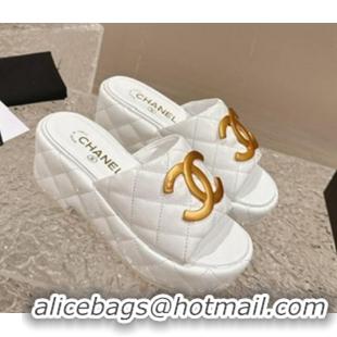 Charming Chanel Shiny Calfskin Wedge Slide Sandals with Metal-Tone Maxi-CC White 323021