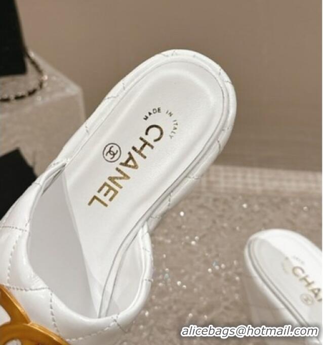 Charming Chanel Shiny Calfskin Wedge Slide Sandals with Metal-Tone Maxi-CC White 323021