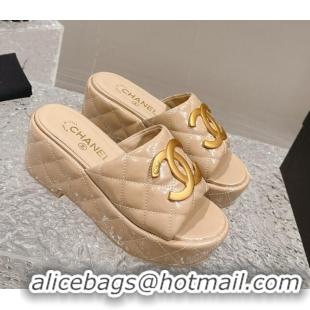 Buy Discount Chanel Shiny Calfskin Wedge Slide Sandals with Metal-Tone Maxi-CC Beige 323022