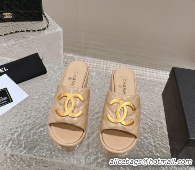 Buy Discount Chanel Shiny Calfskin Wedge Slide Sandals with Metal-Tone Maxi-CC Beige 323022