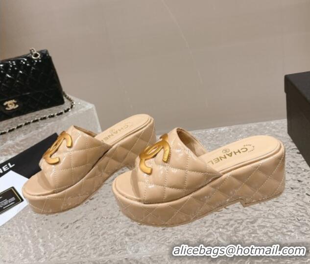 Buy Discount Chanel Shiny Calfskin Wedge Slide Sandals with Metal-Tone Maxi-CC Beige 323022