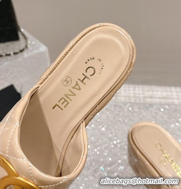 Buy Discount Chanel Shiny Calfskin Wedge Slide Sandals with Metal-Tone Maxi-CC Beige 323022