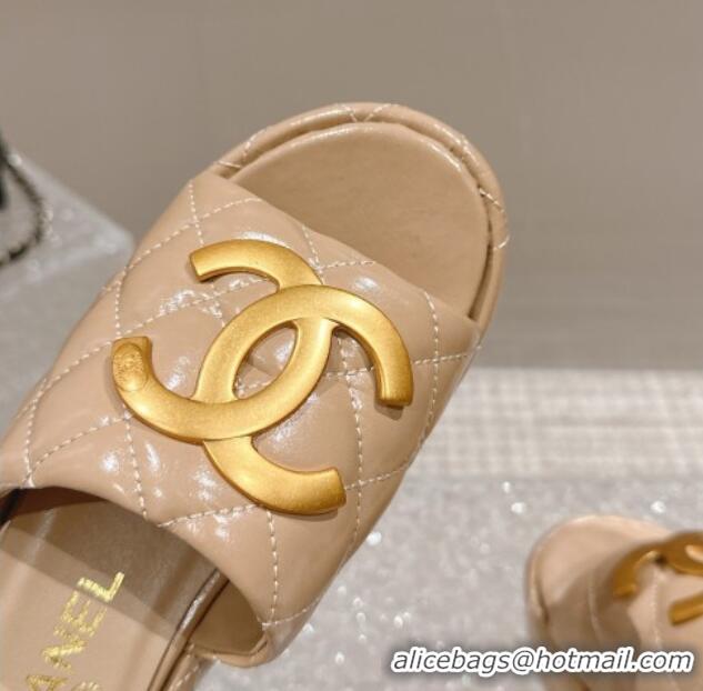 Buy Discount Chanel Shiny Calfskin Wedge Slide Sandals with Metal-Tone Maxi-CC Beige 323022