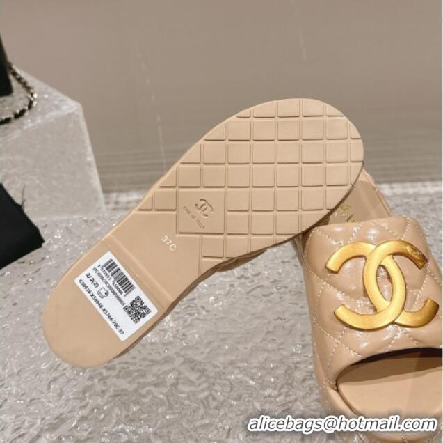 Buy Discount Chanel Shiny Calfskin Wedge Slide Sandals with Metal-Tone Maxi-CC Beige 323022