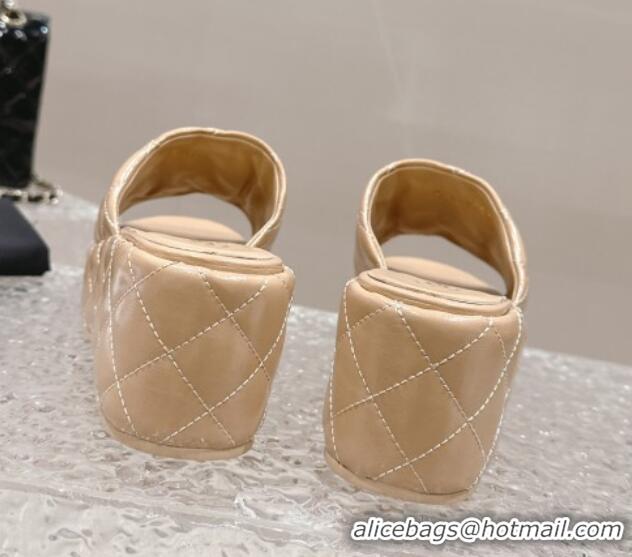 Buy Discount Chanel Shiny Calfskin Wedge Slide Sandals with Metal-Tone Maxi-CC Beige 323022