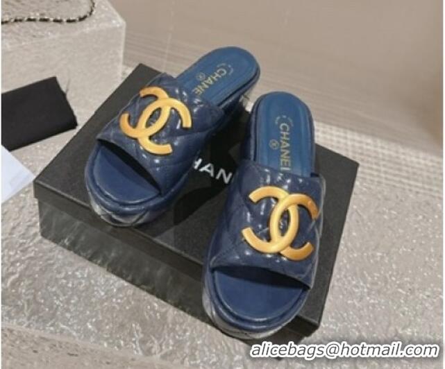 Pretty Style Chanel Shiny Calfskin Wedge Slide Sandals with Metal-Tone Maxi-CC Dark Blue 323023