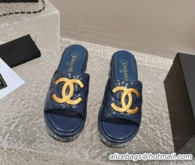 Pretty Style Chanel Shiny Calfskin Wedge Slide Sandals with Metal-Tone Maxi-CC Dark Blue 323023