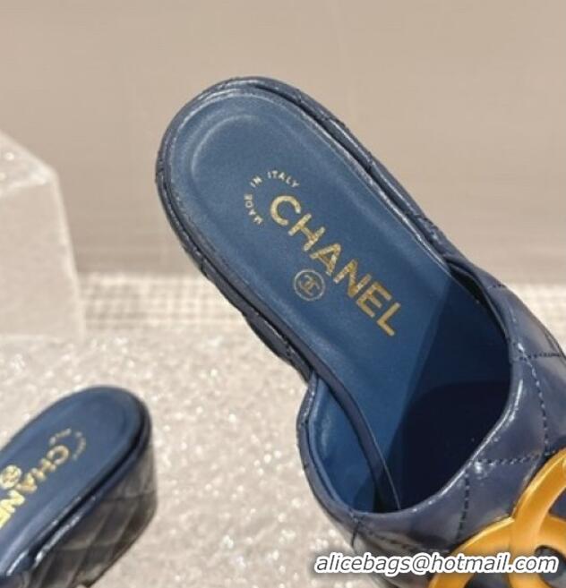 Pretty Style Chanel Shiny Calfskin Wedge Slide Sandals with Metal-Tone Maxi-CC Dark Blue 323023