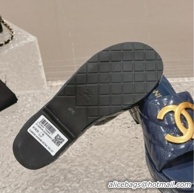 Pretty Style Chanel Shiny Calfskin Wedge Slide Sandals with Metal-Tone Maxi-CC Dark Blue 323023