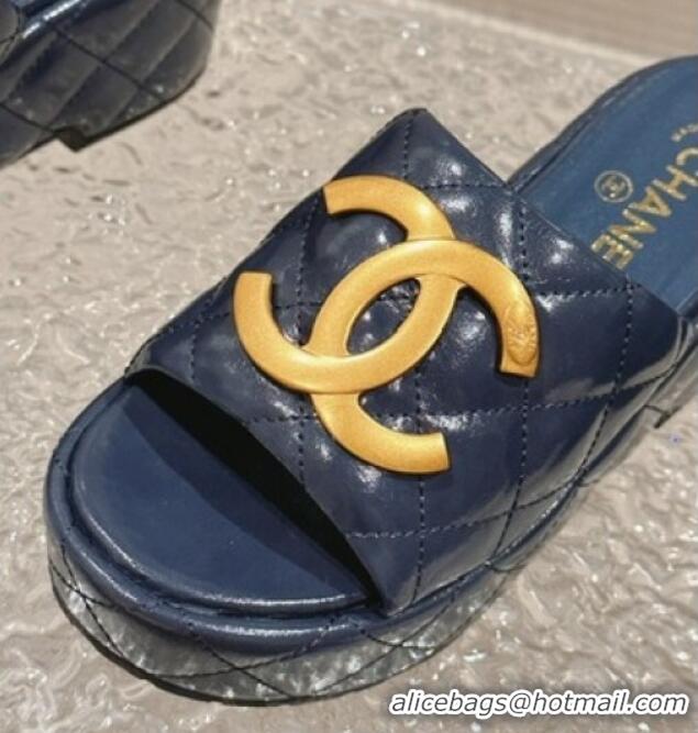 Pretty Style Chanel Shiny Calfskin Wedge Slide Sandals with Metal-Tone Maxi-CC Dark Blue 323023