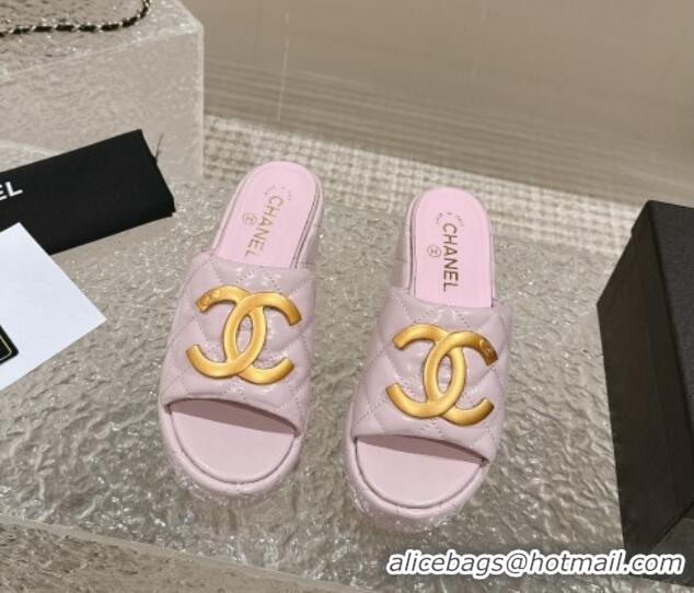 Top Grade Chanel Shiny Calfskin Wedge Slide Sandals with Metal-Tone Maxi-CC Light Pink 323024