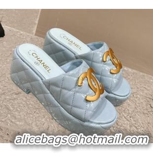 Low Price Chanel Shiny Calfskin Wedge Slide Sandals with Metal-Tone Maxi-CC Light Blue 323027