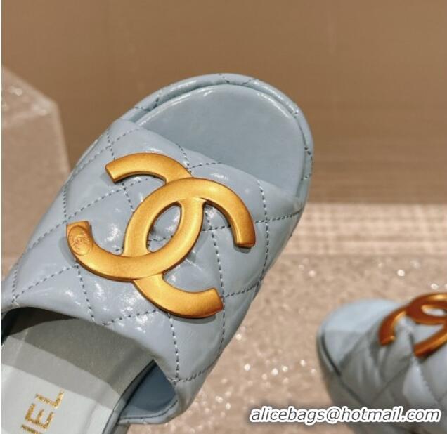 Low Price Chanel Shiny Calfskin Wedge Slide Sandals with Metal-Tone Maxi-CC Light Blue 323027