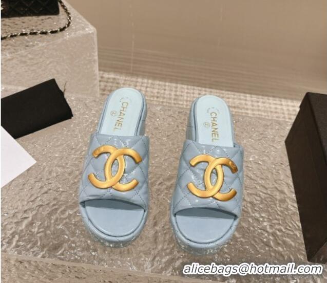 Low Price Chanel Shiny Calfskin Wedge Slide Sandals with Metal-Tone Maxi-CC Light Blue 323027