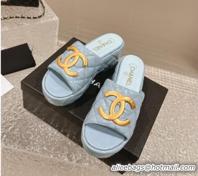 Low Price Chanel Shiny Calfskin Wedge Slide Sandals with Metal-Tone Maxi-CC Light Blue 323027