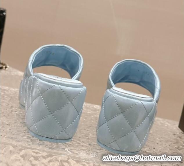 Low Price Chanel Shiny Calfskin Wedge Slide Sandals with Metal-Tone Maxi-CC Light Blue 323027