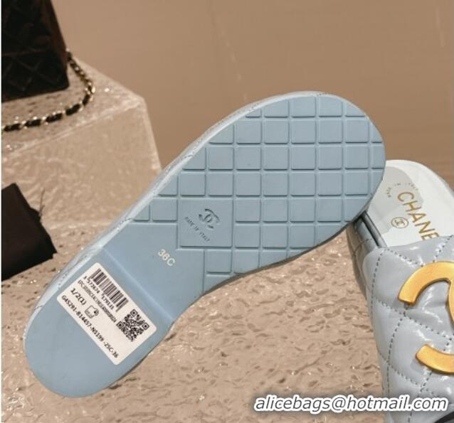 Low Price Chanel Shiny Calfskin Wedge Slide Sandals with Metal-Tone Maxi-CC Light Blue 323027