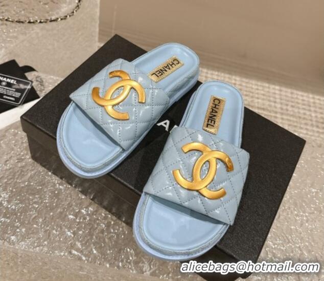 Best Price Chanel Patent Calfskin Slide Sandals with Metal-Tone Maxi-CC Light Blue 323028